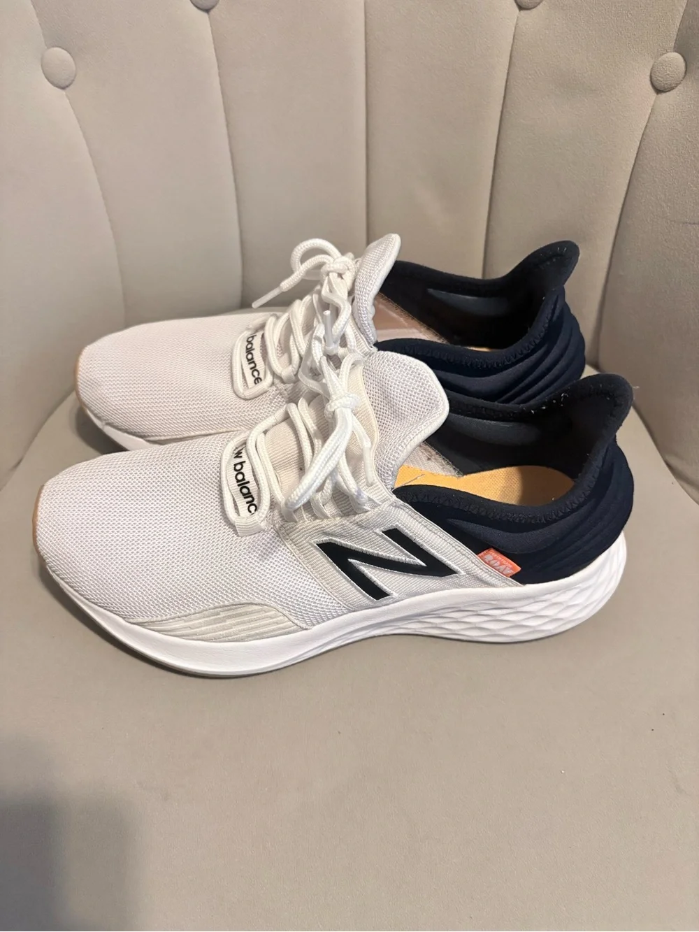 New Balance White and Navy Athletic Sneakers